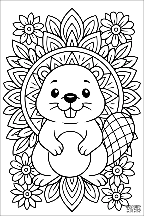 Coloring page featuring a happy cartoon beaver surrounded by flowers and decorative leaves