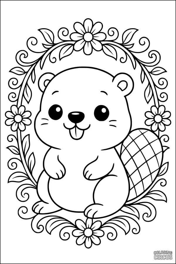 Coloring page of a cute beaver sitting in the center of a flower-filled garden border