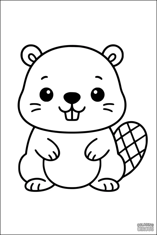 Coloring page showing a cute cartoon beaver sitting with a patterned tail