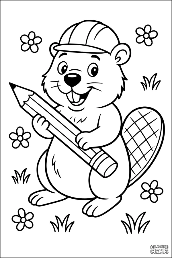 Coloring page of a cheerful cartoon beaver with a pencil, surrounded by flowers and grass