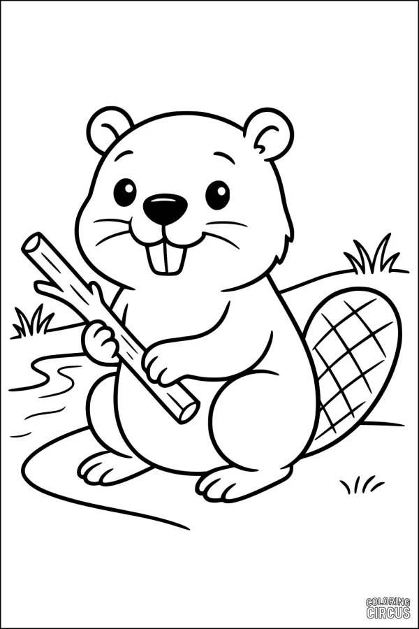 Coloring page showing a cartoon beaver holding a stick by a stream with grass and a textured tail.