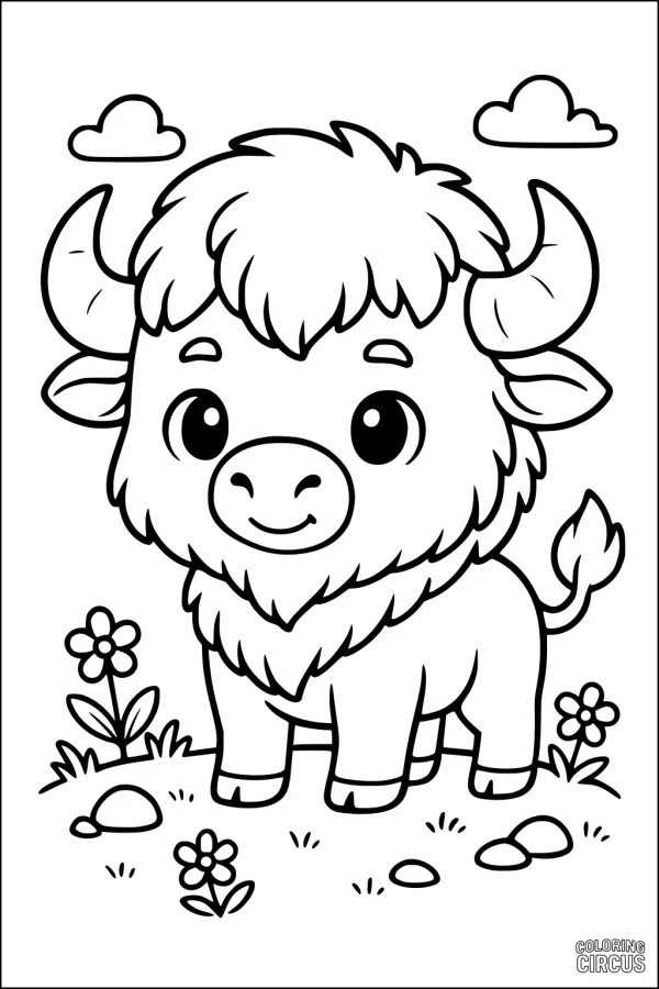 Coloring page with a cartoon bison standing in a meadow, surrounded by flowers and clouds, perfect for young children.
