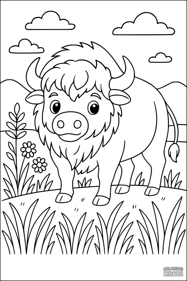 Coloring page featuring a cute buffalo standing in a grassy meadow with mountains and clouds in the background