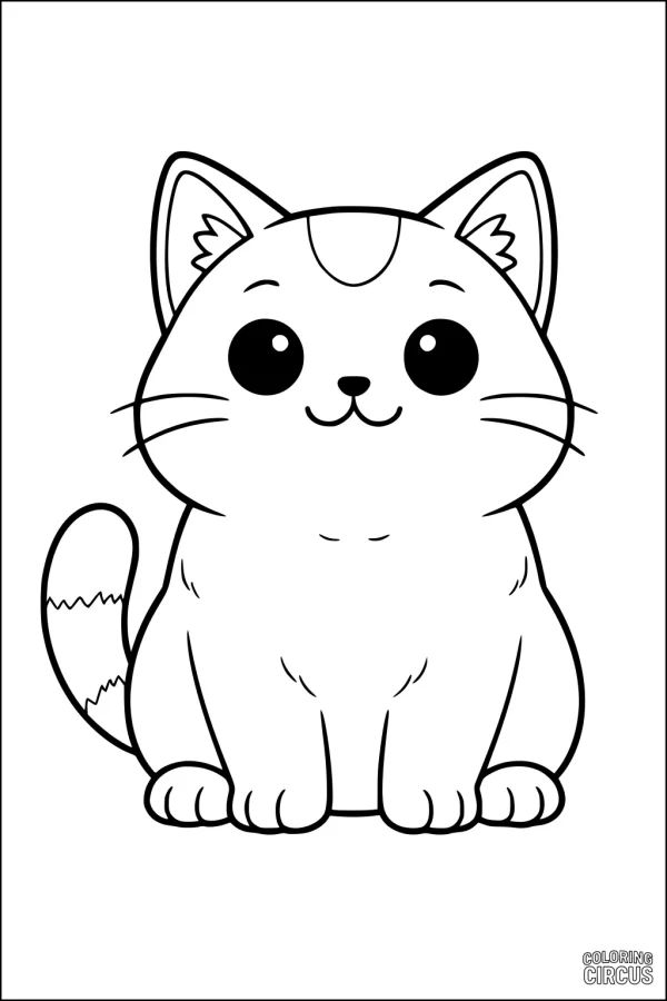 Coloring page of a cute cartoon domestic cat sitting with a fluffy tail and big eyes