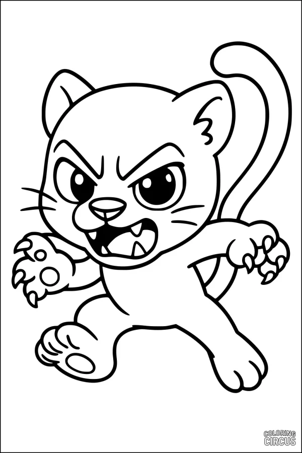 Coloring page featuring a cute cartoon panther with big eyes and playful pose