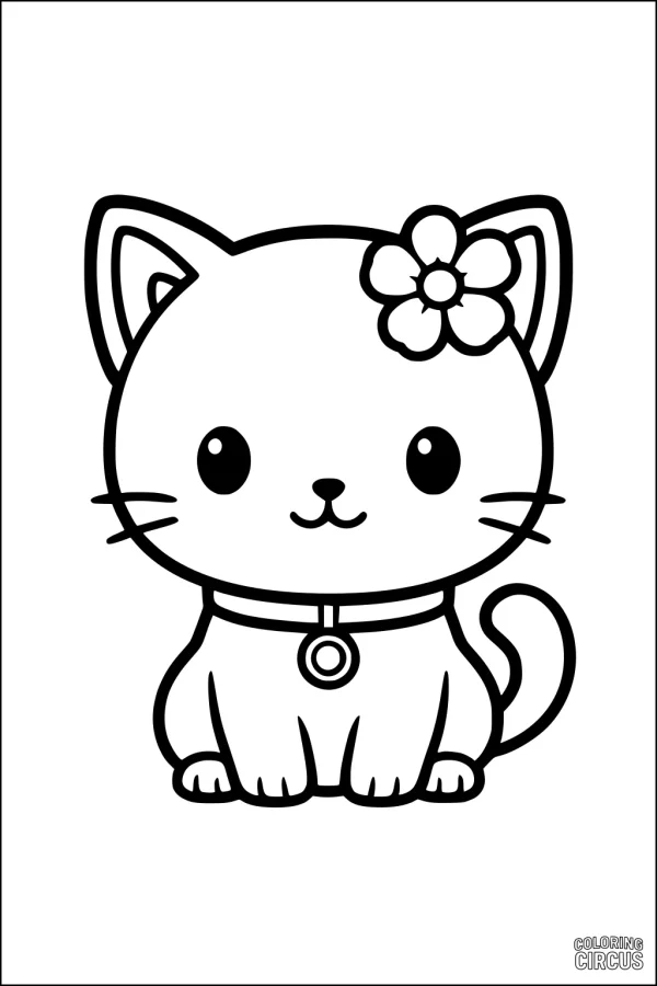 Coloring page of a cartoon domestic cat with a flower on its head and a collar.