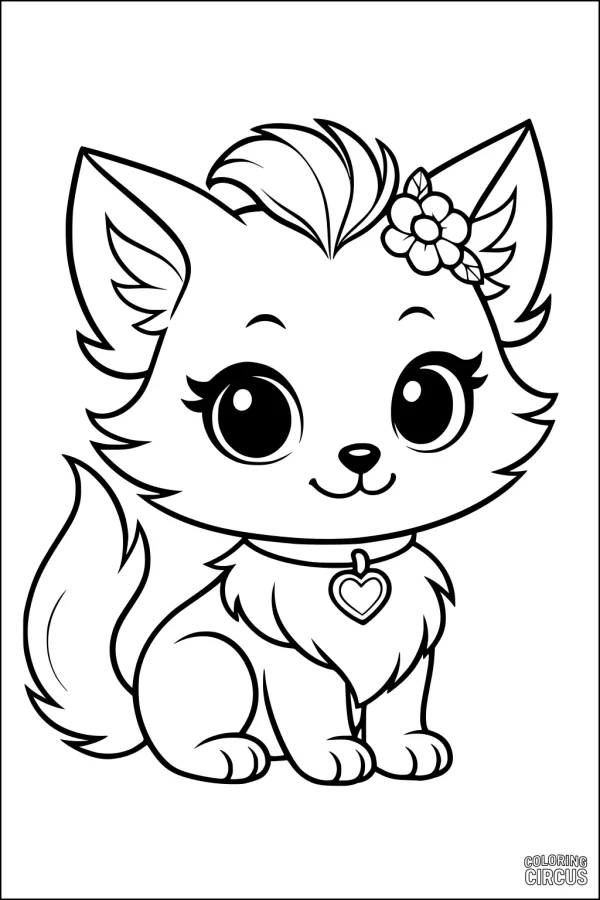 Coloring page of a cute cartoon cat with a heart collar and flower on its head