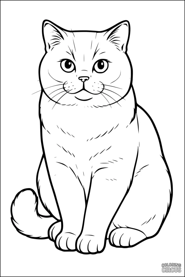 Coloring page of a friendly sitting cat with big eyes
