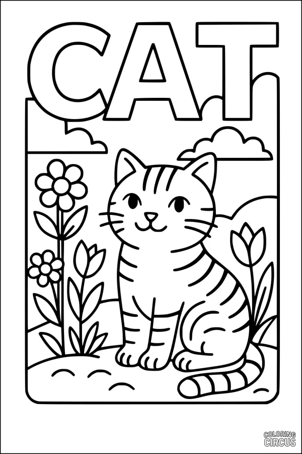 Coloring page of a smiling cat in a flower garden with large CAT lettering and a sunny landscape