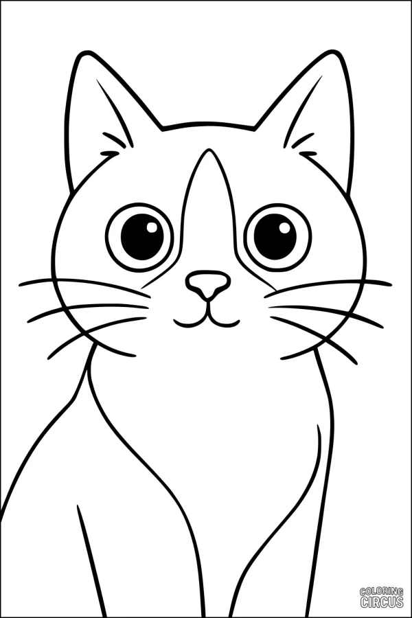 Coloring page illustration of a simple, wide-eyed cat with large ears and long whiskers