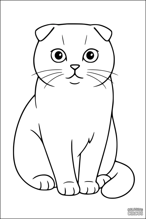 Coloring page of a cute, cartoon-style sitting cat with big eyes and folded ears