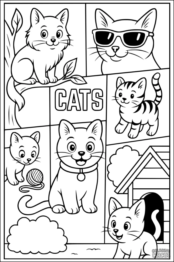 Coloring page featuring six cute cats in different playful scenes