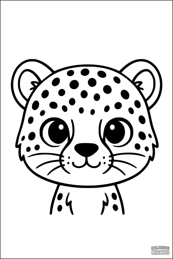 Coloring page of a cute cartoon cheetah with big eyes and spots