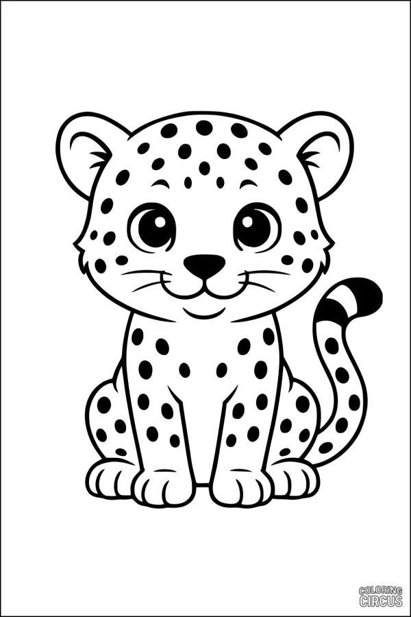 Coloring page featuring a cute cartoon cheetah sitting and smiling