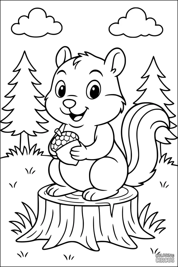Coloring page cheerful chipmunk holding an acorn, sitting on a tree stump among pine trees and clouds