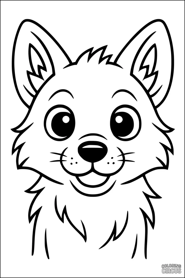 Coloring page featuring a cute cartoon coyote face with big eyes and fluffy fur