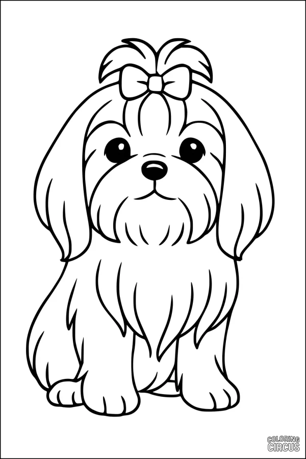 Coloring page featuring a fluffy dog with a bow