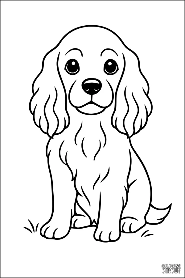 Coloring page showing a friendly cartoon dog sitting and looking forward