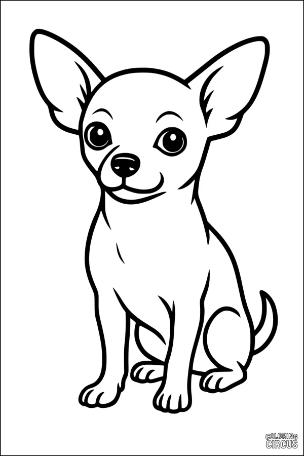 Coloring page featuring a cute cartoon dog with large ears sitting and smiling