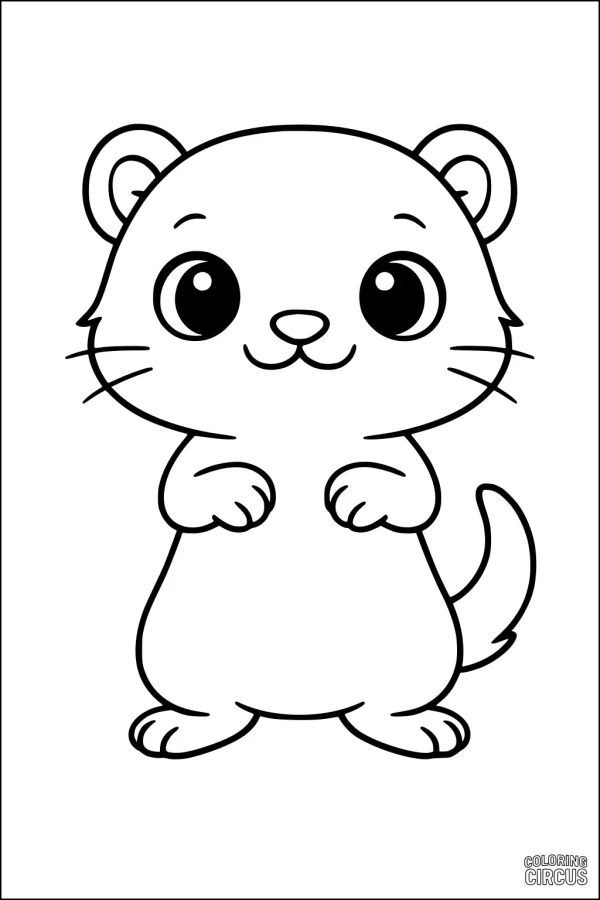 Coloring page of a friendly cartoon ferret with big eyes, standing on two feet