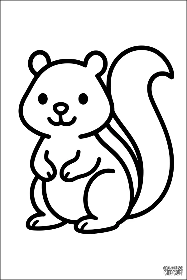 Coloring page featuring a friendly cartoon chipmunk with a bushy tail
