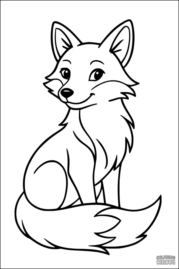 Coloring page featuring a cute sitting fox with a fluffy tail, drawn in a cartoon style for young children