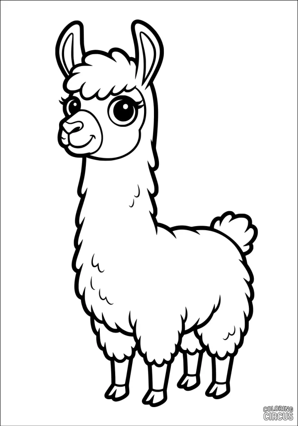 Coloring page showing a smiling cartoon llama with big eyes and fluffy fur