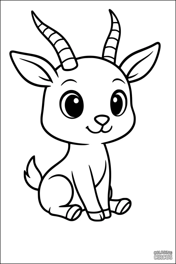 Coloring page featuring a cute cartoon gazelle sitting with big eyes and striped horns