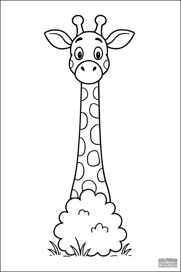 Coloring page of a cartoon giraffe with a long neck peeking over a bush