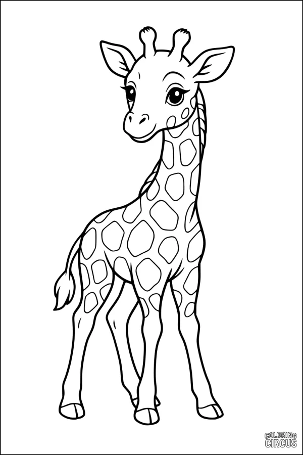 Coloring page showing a cute cartoon giraffe with large eyes and playful spots standing upright