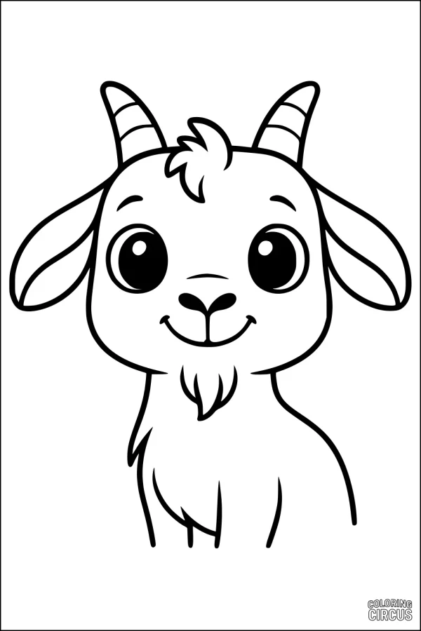 Coloring page of a smiling cartoon goat with large expressive eyes and curved horns