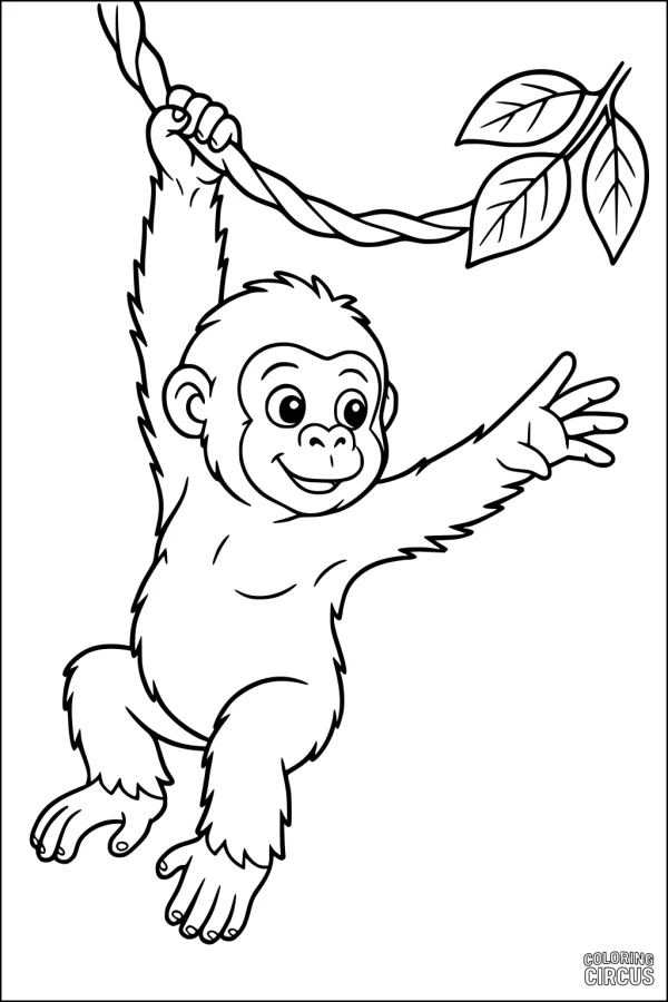 Coloring page featuring a smiling cartoon gorilla swinging on a vine
