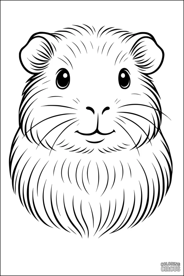 Coloring page showing a cute guinea pig face with fluffy fur and big eyes