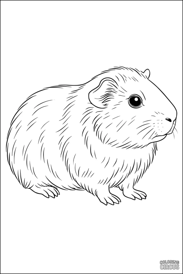 Coloring page of a fluffy guinea pig sitting and looking forward