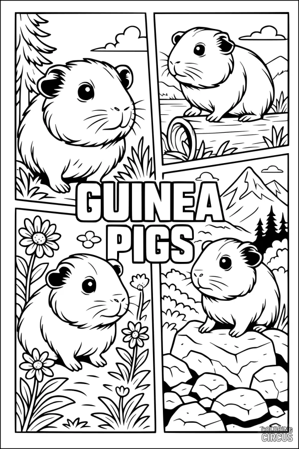 Coloring page featuring four cute guinea pigs in outdoor nature scenes with flowers, rocks, trees, and mountains.