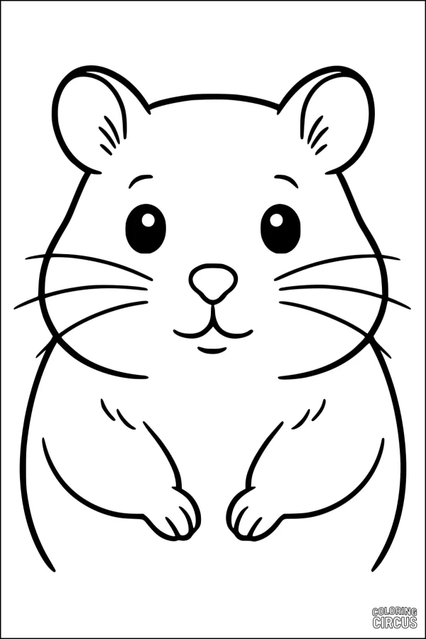 Coloring page showing a friendly cartoon hamster with big eyes and tiny paws