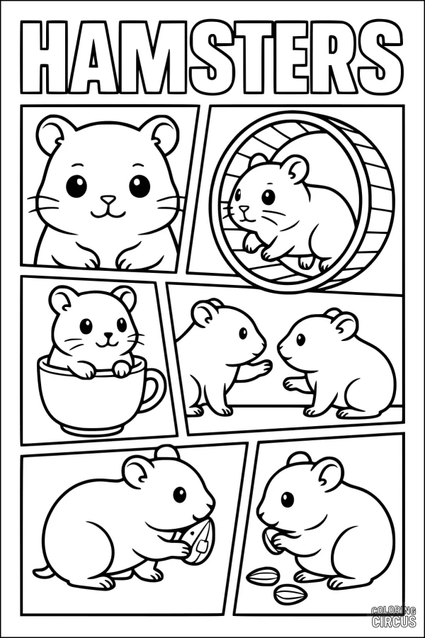 Coloring page showing six cute hamsters in playful scenes