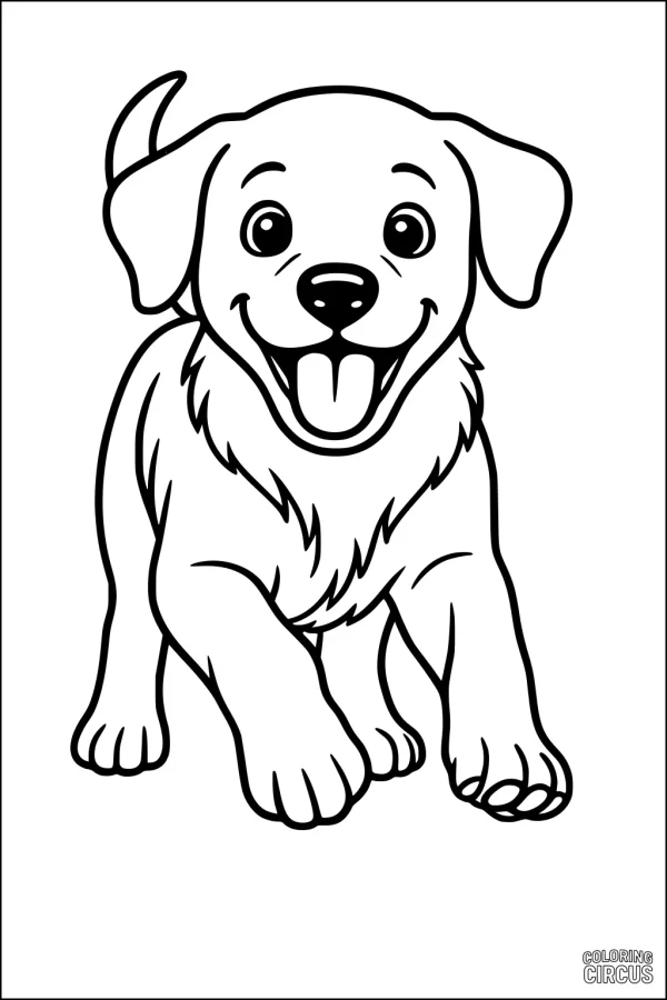 Coloring page cheerful puppy dog cartoon, simple lines, friendly expression