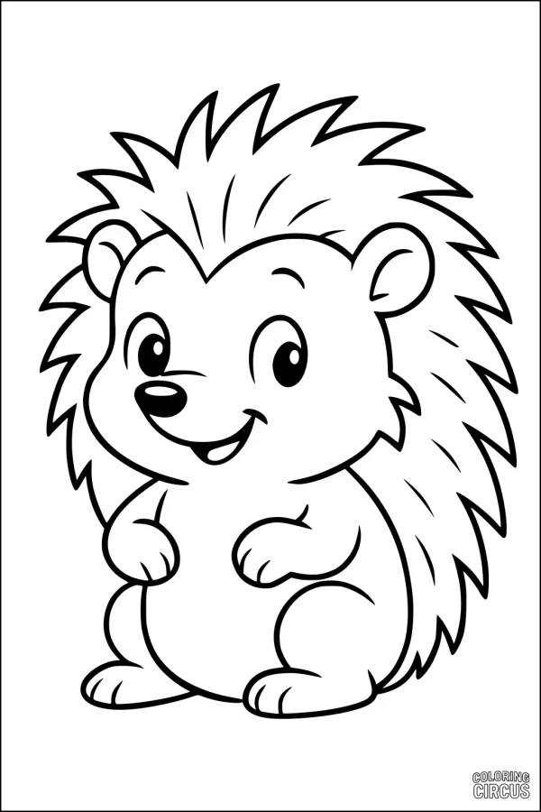 Coloring page of a happy cartoon hedgehog with big eyes and spiky fur, perfect for young children