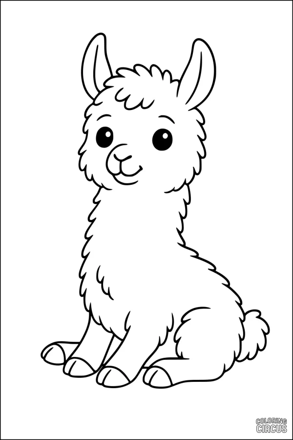 Coloring page of a cute cartoon llama sitting with a friendly smile