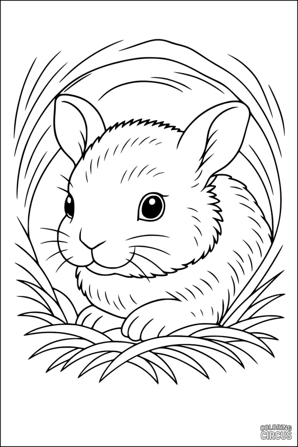 Coloring page with a cute hare nestled in grass, ideal for children