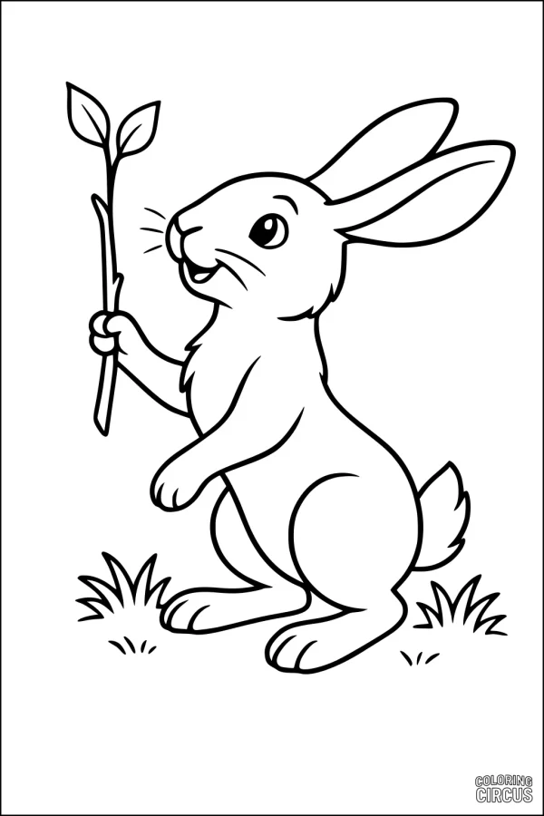 Coloring page featuring a happy hare holding a twig in a grassy meadow