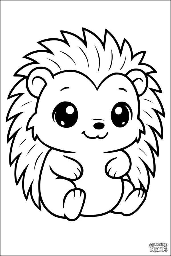 Coloring page showing a cute cartoon hedgehog with big eyes and a happy smile