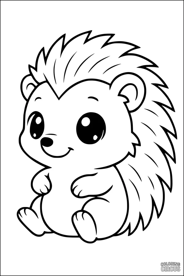 Coloring page featuring a cute cartoon hedgehog sitting with big eyes