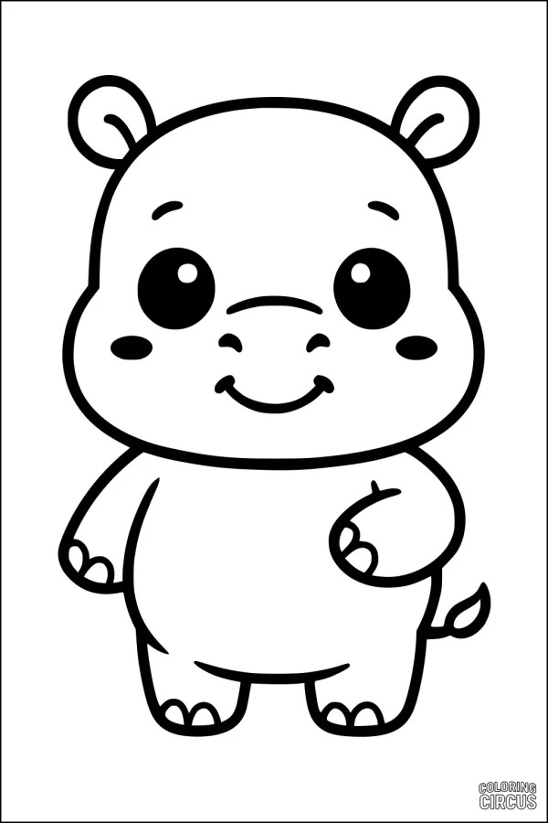 Coloring page featuring a cute cartoon hippopotamus with a big smile, perfect for young children