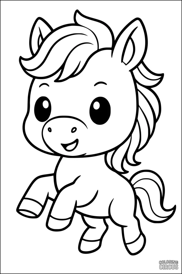 Coloring page featuring a cartoon-style horse with a playful expression and bouncy mane