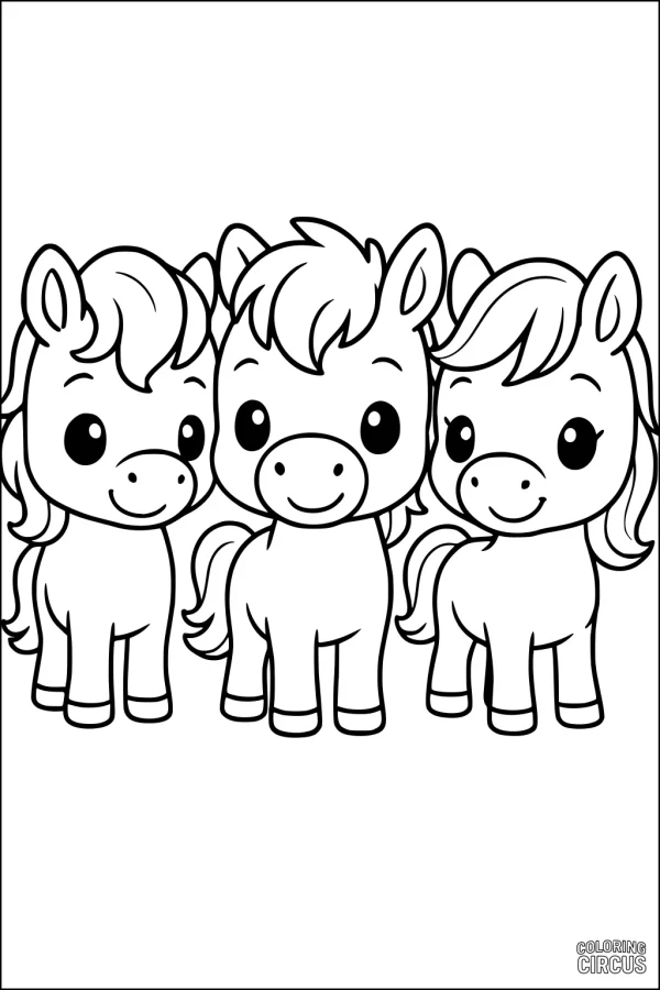 Coloring page with three cartoon horses standing together, smiling