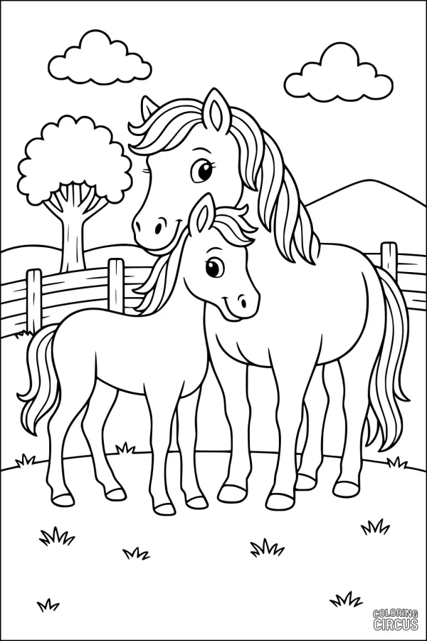 Coloring page featuring a friendly mother horse and foal in a fenced grassy field with clouds, a tree, and hills.