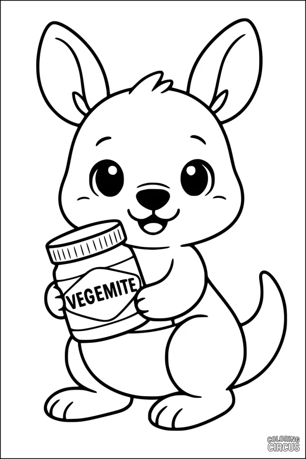 Coloring page of a smiling kangaroo holding a Vegemite jar, perfect for young children