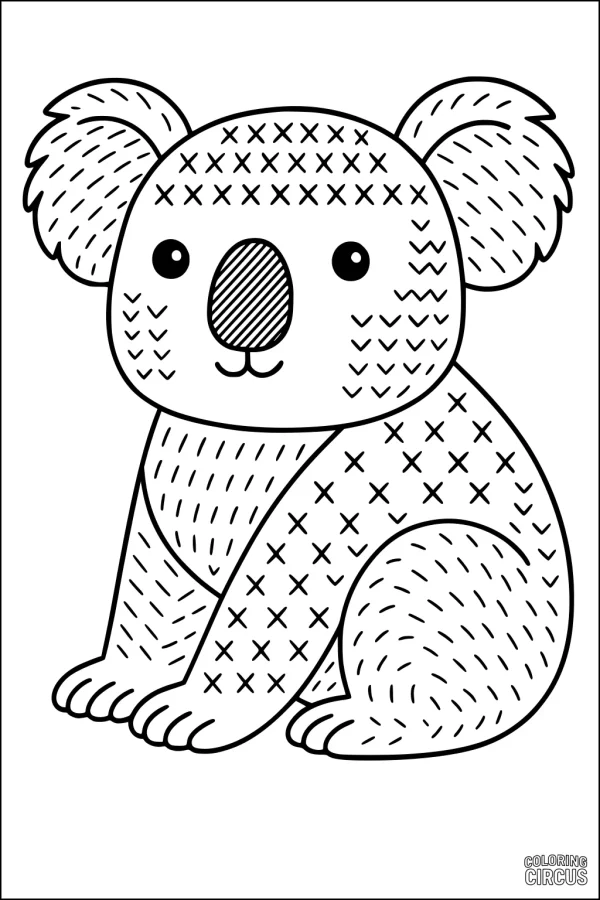 Coloring page featuring a cute cartoon koala sitting and smiling with textured fur.